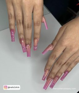 Long Pink Glitter Nails