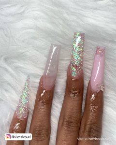 Long Pink Nails With Glitter