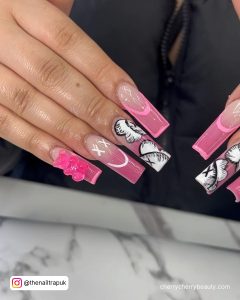 Long Pink Ombre Nails With Design