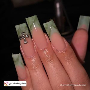 Marble French Tip Acrylic Nails Coffin Design