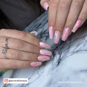 Marble Nail Art Pink In Tapered Shape