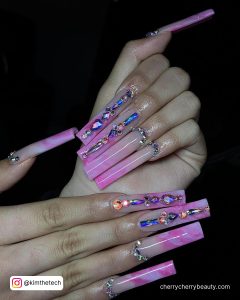 Marble Nails Pink With Rhinestones