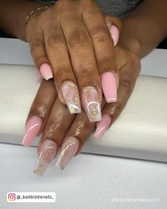 Marble Pink And Gold Nails With Tapered Design