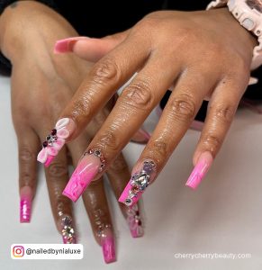 Marble Pink And White Nails With Rhinestones