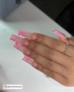 Marble Pink Nails In French Tip Design