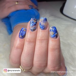 Marble Summer Blue Acrylic Nails With Snowflakes Over White Fur
