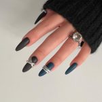 Matte Navy Blue Nails With Silver In Almond Shape