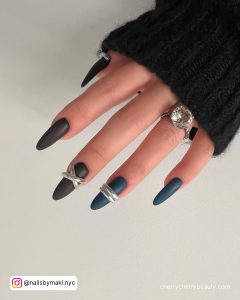 Matte Navy Blue Nails With Silver In Almond Shape