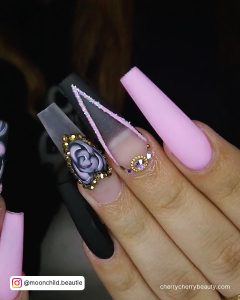 Matte Pink And Black Nails