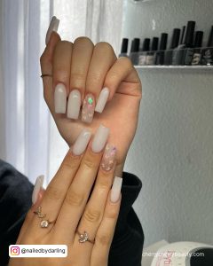 Milky White Nails With Butterflies