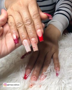 Multi-Design Coffin Red Acrylic Nails On Fur Clothe