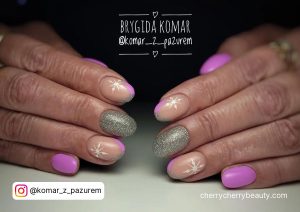 Nails Purple And Silver With Nude Shade