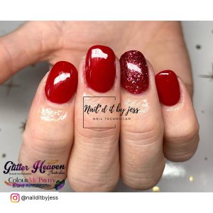 Natural Red Short Acrylic Nails With Glitters