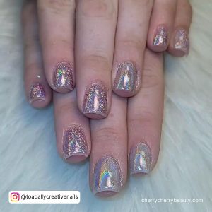Natural Silver Glitter Acrylic Nails On White Fur