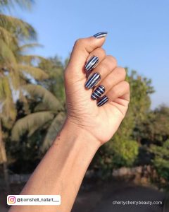 Navy And Silver Acrylic Nails With Lines