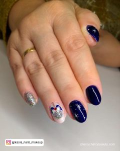 Navy And Silver Gel Nails In Almond Shape