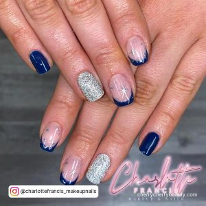 Navy And Silver Glitter Nails For Short Length