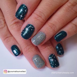 Navy And Silver Wedding Nails With Glitter On One Nail