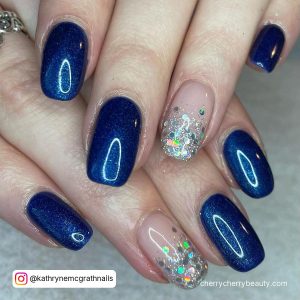 Navy Blue And Silver Gel Nails In Square Shape