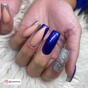 Navy Blue And Silver Nail Ideas With French Tips