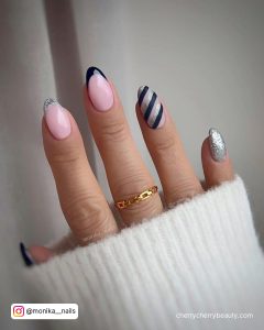 Navy Blue And Silver Nails With Lines