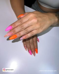 Neon Orange And Neon Pink Nails In Almond Shape
