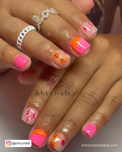 Neon Orange And Pink Nails In Square Shape