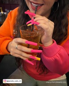 Neon Pink And Orange Nails For Extra Long Length