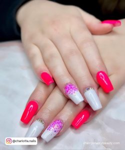Neon Pink And White Nails