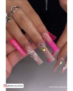 Neon Pink Nails With Glitter