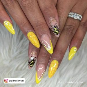 Neon Yellow Acrylic Nail Designs With Black Honey Bee