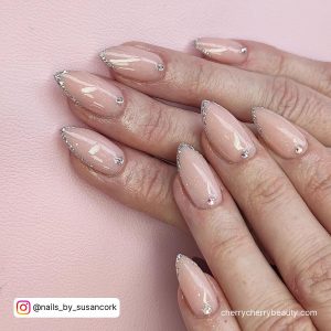 Nude Acrylic Nails Almond With Diamonds On Tips