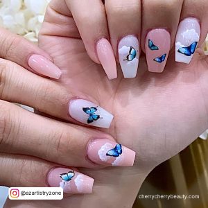 Nude And White Nails With Blue Butterflies