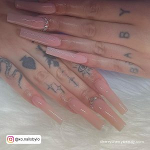 Nude Color Acrylic Nails With Diamonds