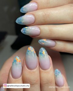 Ombre Blue Acrylic Nails With Design On Tips
