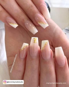 Ombre White Acrylic Nails With Yellow Design