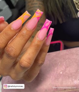Orange And Pink French Tip Nails In Coffin Shape