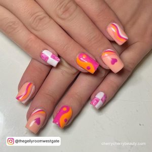 Orange And Pink Nail Design With Heart And Domino Design