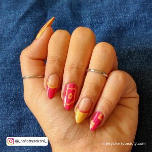 Orange And Pink Nail Designs In Almond Shape