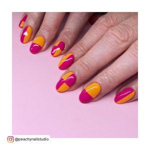Orange And Pink Nail With A Different Pattern On Each Nail