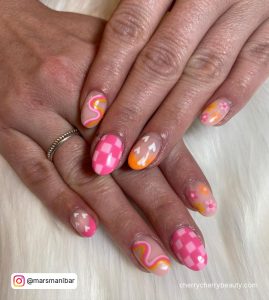 Orange And Pink Nails Designs With Hearts And Check Pattern