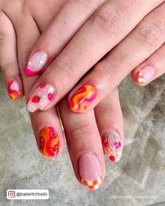 Orange And Pink Nails Designs With Strawberries
