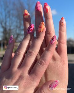 Orange And Pink Nails With Strawberries And Hearts