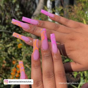 Orange And Pink Summer Nails For Extra Long Length