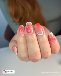 Orange Pink And White Nail Designs In Square Shape