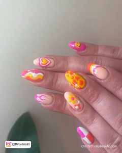 Orange Yellow And Pink Nails With Hearts