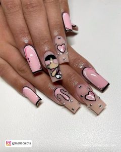 Pastel Pink And Black Nails With Animated Character