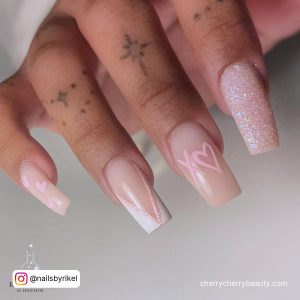 Pastel Pink Nails Coffin With Hearts And Glitter