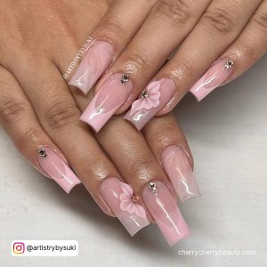 Pastel Pink Tip Nails With Diamonds