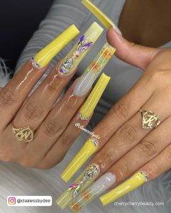 Pastel Yellow Acrylic Nails With Rhinestones